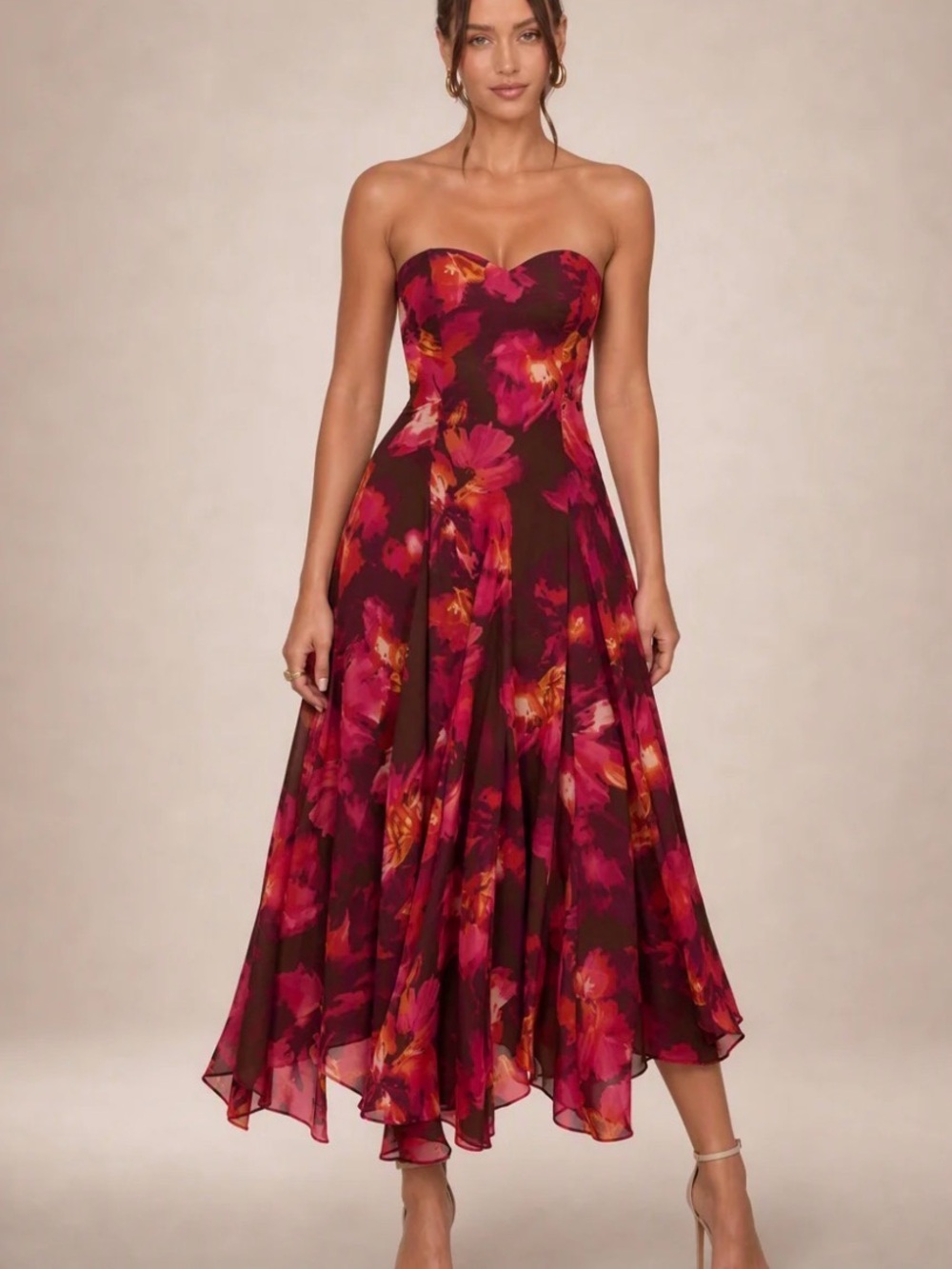 Lulus Madoria Brown Multi Floral Strapless Midi Dress